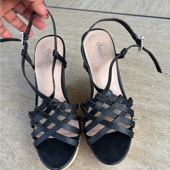 Charles David Black Strappy Cork Wedge Sandals - Picture 3 of 5